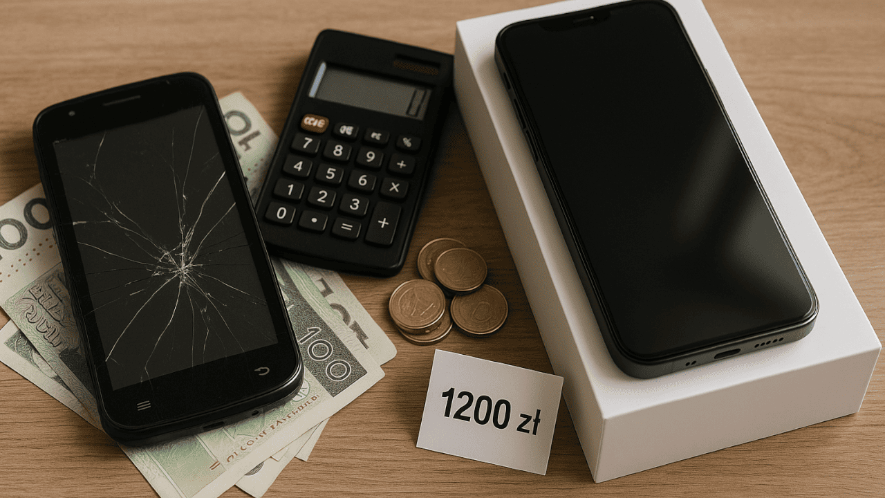 Telefon z uszkodzonym ekranem i kalkulator
