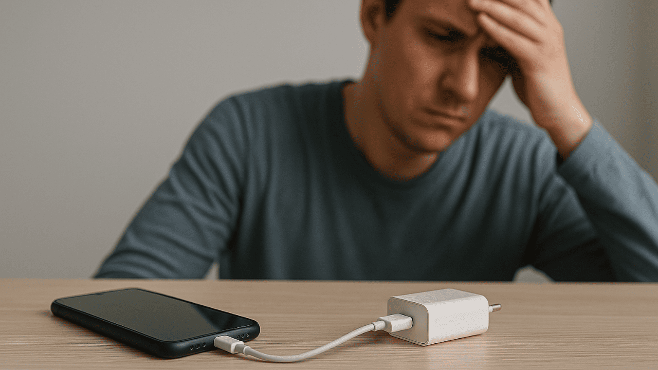 Smartfon podłączony do ładowarki USB-C