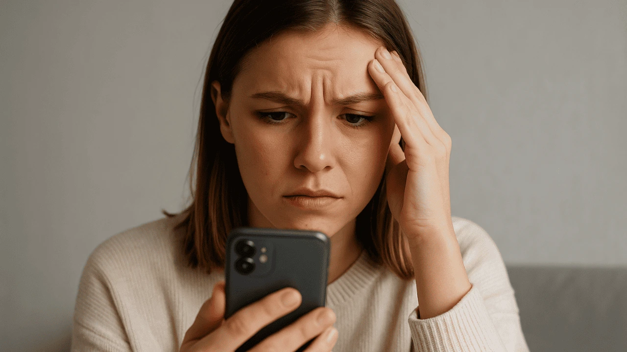Zmartwiona kobieta z telefonem w ręku
